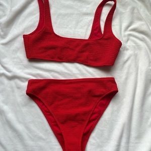 Red scrunch material, target swimsuit!! S top, High waist bottoms M